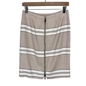 Worth New York Tan Brown White Stripe Full Zipper Linen Blend Pencil Skirt